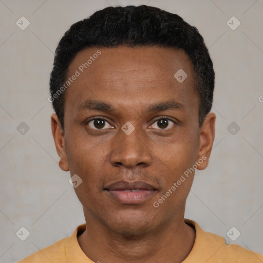 Neutral black young-adult male with short  black hair and brown eyes