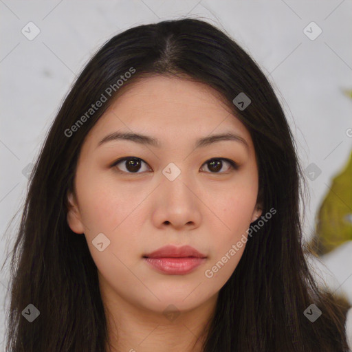 Neutral asian young-adult female with long  brown hair and brown eyes