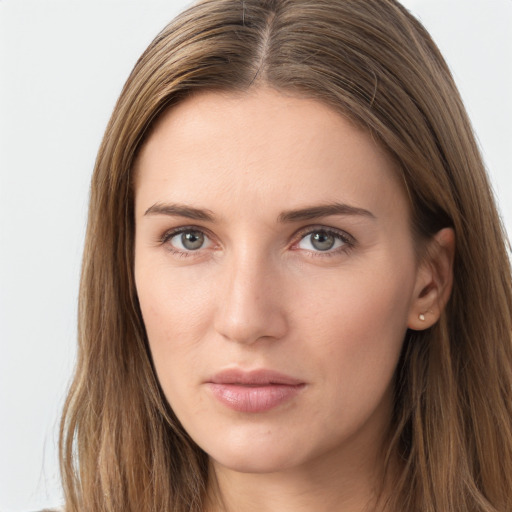 Neutral white young-adult female with long  brown hair and grey eyes