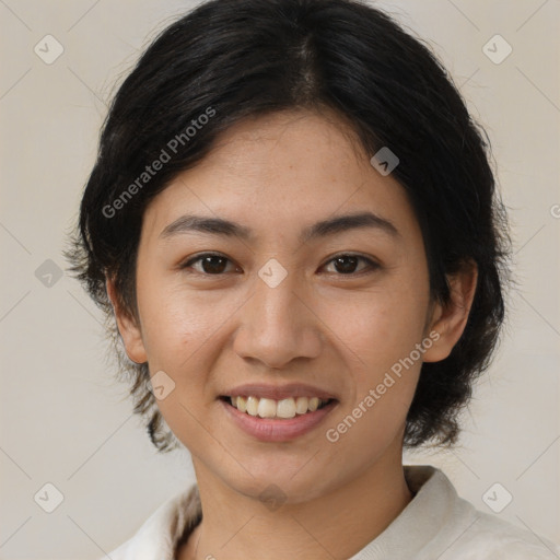 Joyful white young-adult female with medium  black hair and brown eyes