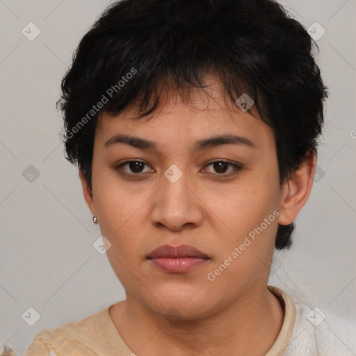 Neutral asian young-adult female with short  brown hair and brown eyes