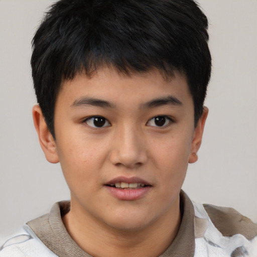 Joyful asian child male with short  brown hair and brown eyes