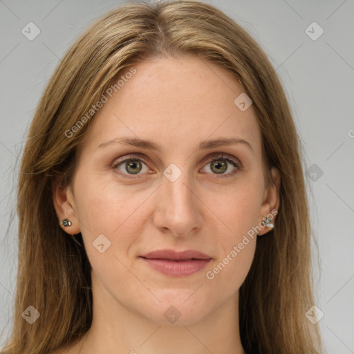 Joyful white young-adult female with long  brown hair and green eyes