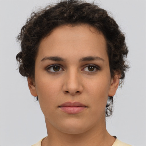 Neutral white young-adult female with short  brown hair and brown eyes