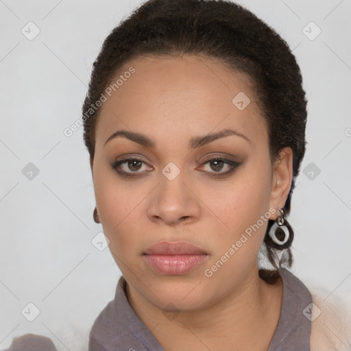 Neutral white young-adult female with short  brown hair and brown eyes