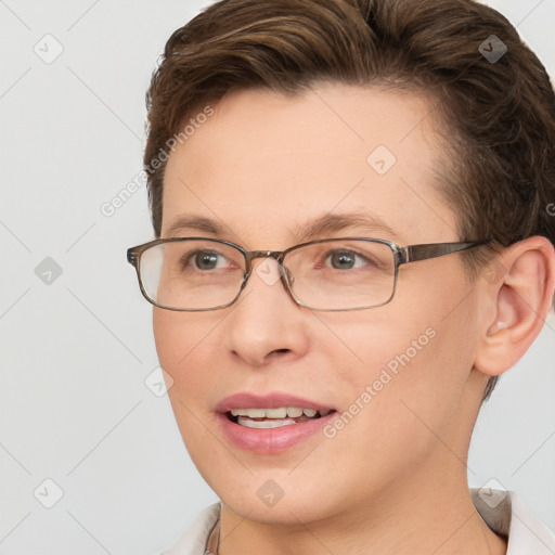 Joyful white adult female with short  brown hair and brown eyes