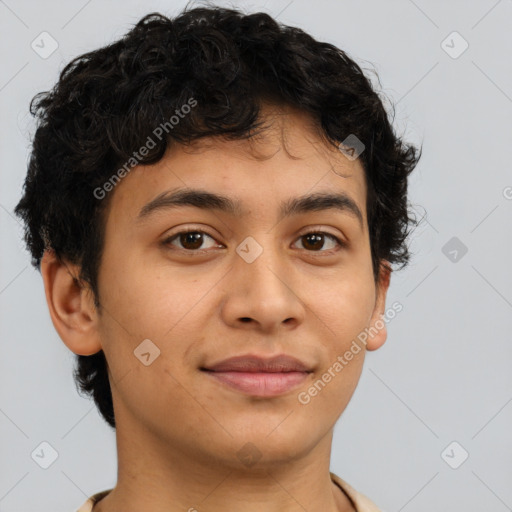 Joyful latino young-adult male with short  brown hair and brown eyes