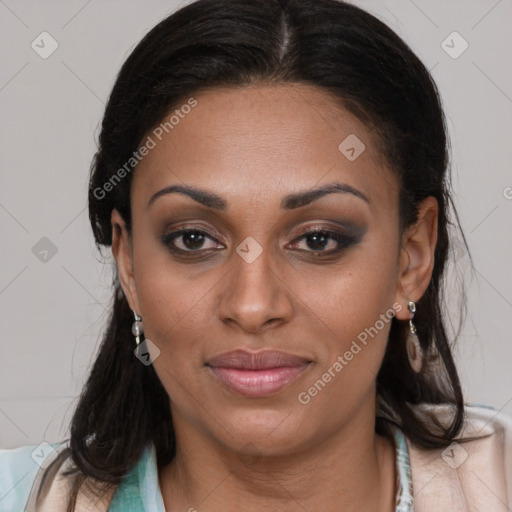 Joyful latino young-adult female with medium  brown hair and brown eyes