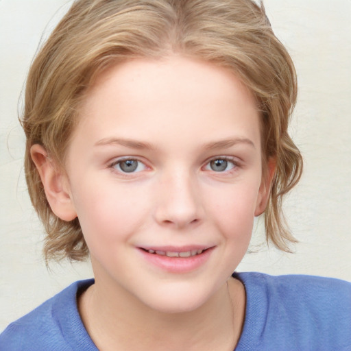 Joyful white child female with medium  brown hair and blue eyes