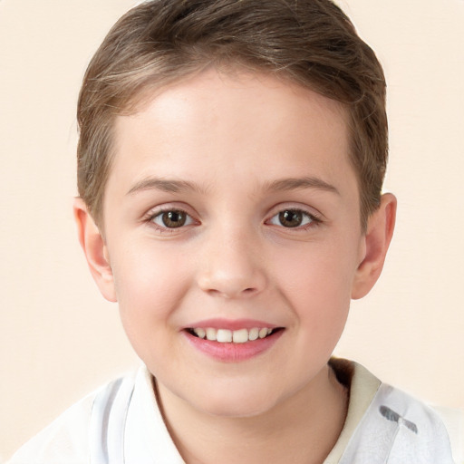 Joyful white child female with short  brown hair and brown eyes