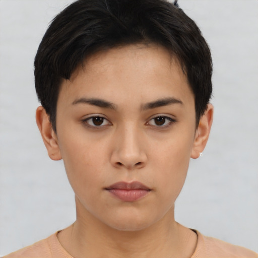Neutral asian young-adult female with short  black hair and brown eyes