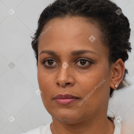 Neutral black young-adult female with short  brown hair and brown eyes