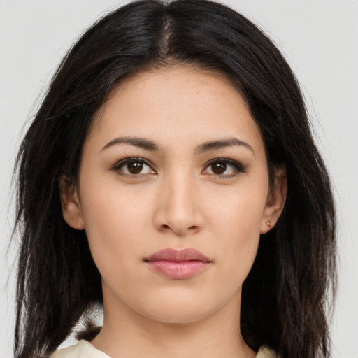 Neutral asian young-adult female with long  black hair and brown eyes