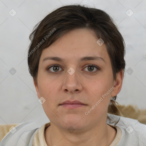 Neutral white young-adult female with short  brown hair and brown eyes