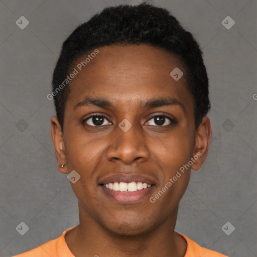 Joyful black young-adult male with short  black hair and brown eyes