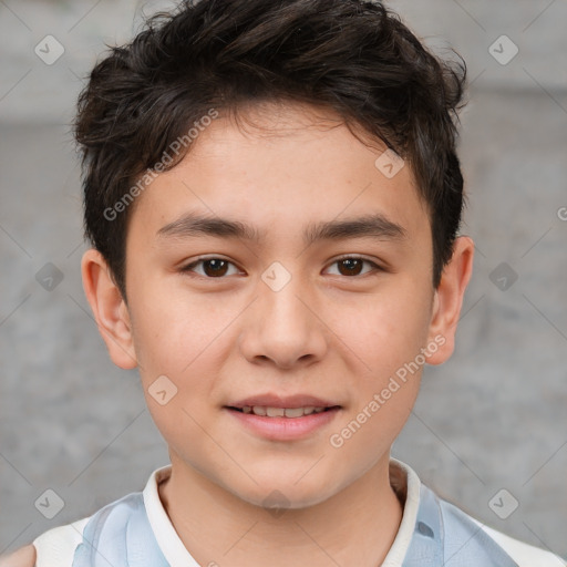 Joyful white child male with short  brown hair and brown eyes