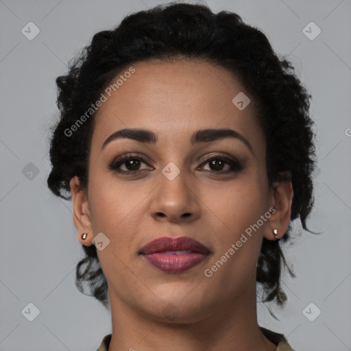 Joyful latino young-adult female with short  brown hair and brown eyes