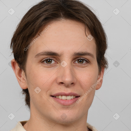 Joyful white adult female with short  brown hair and brown eyes