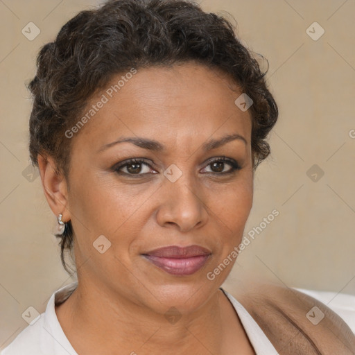 Joyful black adult female with short  brown hair and brown eyes