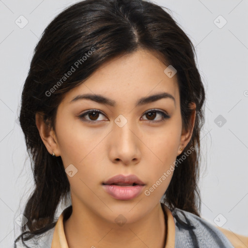 Neutral asian young-adult female with medium  brown hair and brown eyes