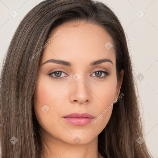 Neutral white young-adult female with long  brown hair and brown eyes