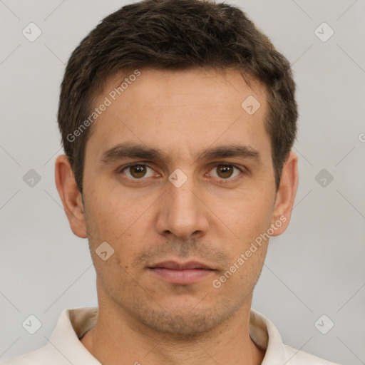 Neutral white young-adult male with short  brown hair and brown eyes