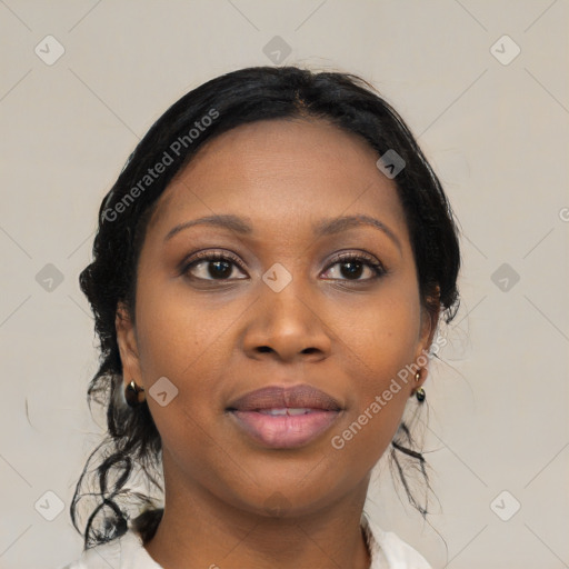 Joyful black young-adult female with medium  black hair and brown eyes