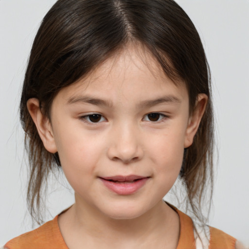 Joyful white child female with medium  brown hair and brown eyes