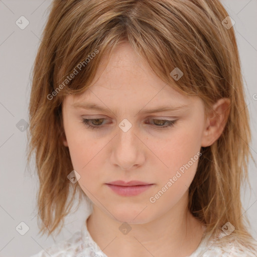 Joyful white child female with medium  brown hair and brown eyes