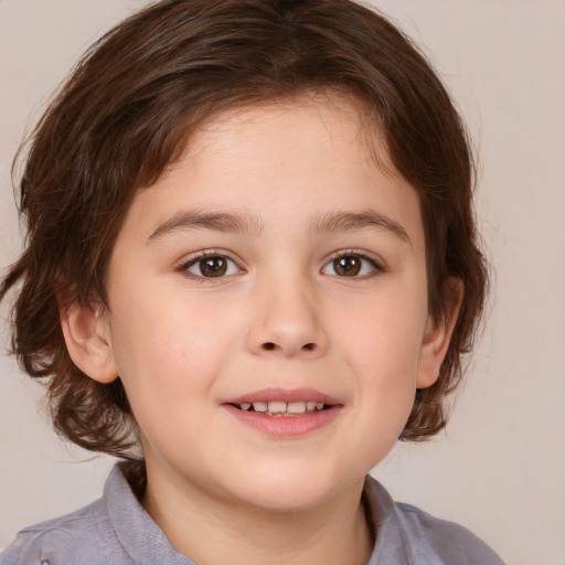 Joyful white child female with medium  brown hair and brown eyes