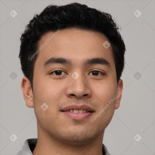 Joyful latino young-adult male with short  black hair and brown eyes