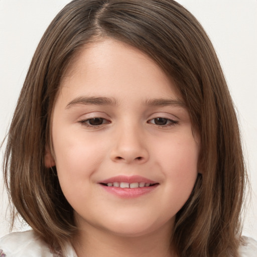 Joyful white child female with medium  brown hair and brown eyes