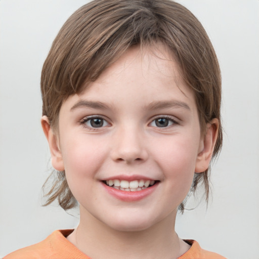 Joyful white child female with medium  brown hair and grey eyes