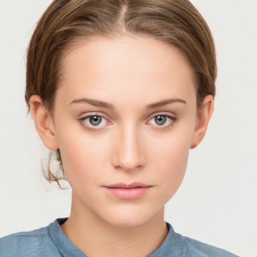 Neutral white young-adult female with medium  brown hair and grey eyes