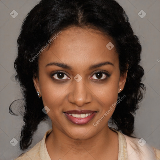 Joyful black young-adult female with medium  black hair and brown eyes