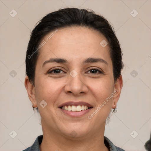 Joyful white adult female with medium  brown hair and brown eyes