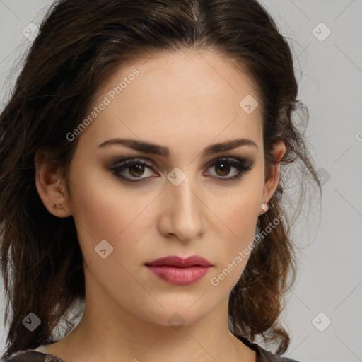 Neutral white young-adult female with medium  brown hair and brown eyes