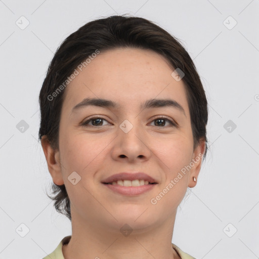 Joyful white young-adult female with short  brown hair and brown eyes