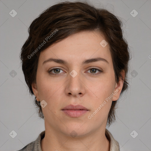 Neutral white young-adult female with medium  brown hair and brown eyes