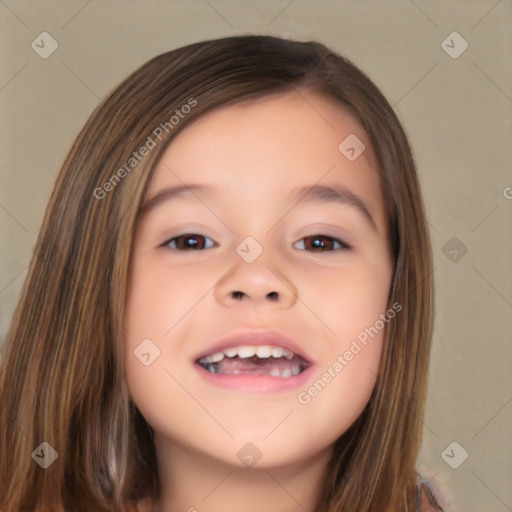 Joyful white child female with long  brown hair and brown eyes