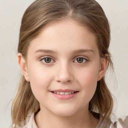 Joyful white child female with medium  brown hair and grey eyes