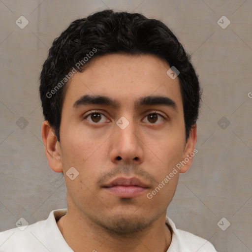 Neutral asian young-adult male with short  black hair and brown eyes