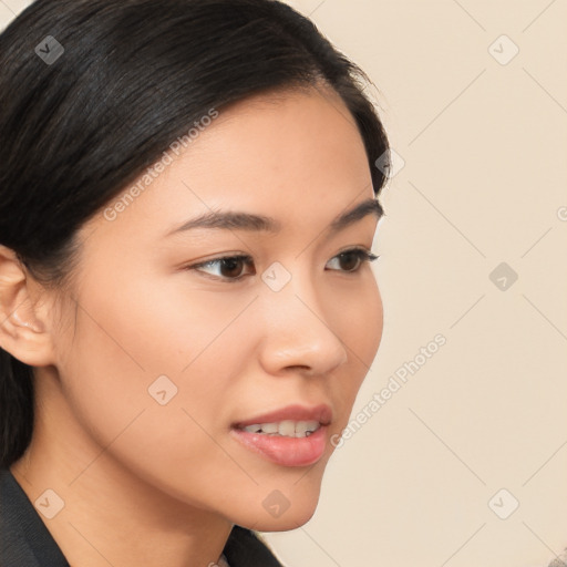 Neutral asian young-adult female with medium  brown hair and brown eyes