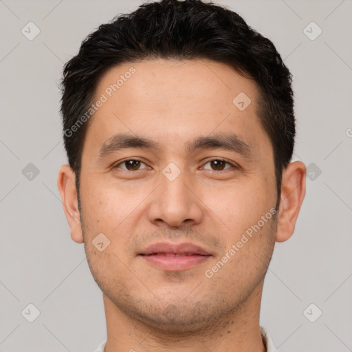 Joyful white young-adult male with short  brown hair and brown eyes