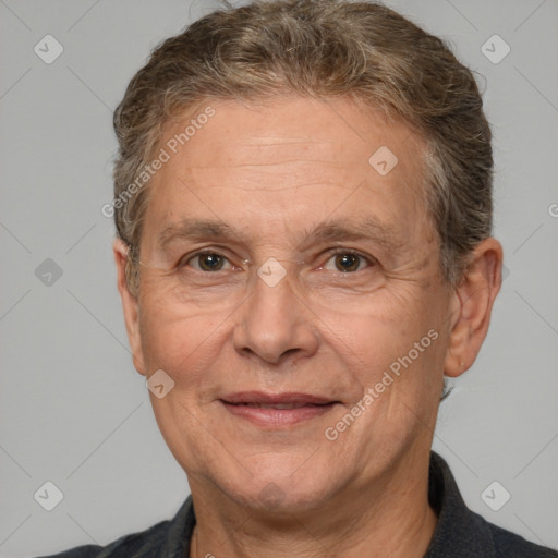 Joyful white middle-aged male with short  brown hair and brown eyes