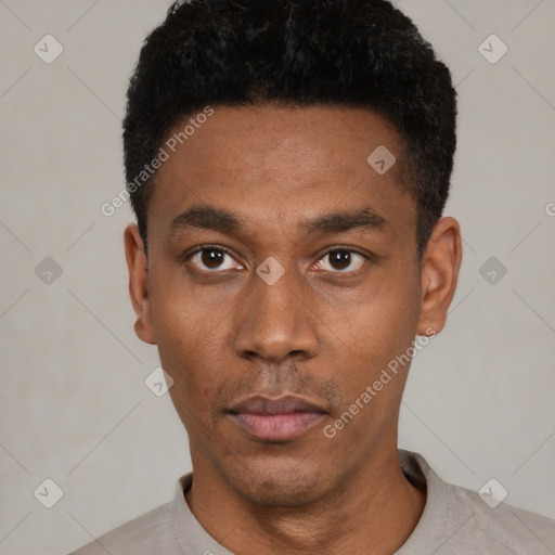 Neutral latino young-adult male with short  black hair and brown eyes