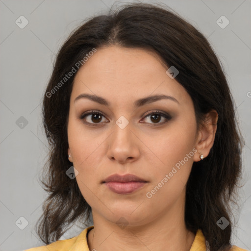 Neutral white young-adult female with medium  brown hair and brown eyes