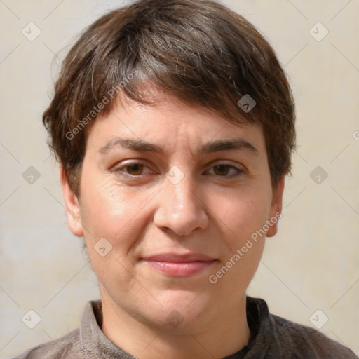 Joyful white adult female with short  brown hair and brown eyes