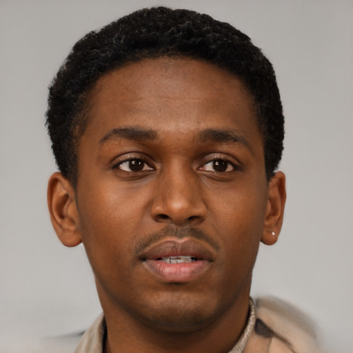 Neutral black young-adult male with short  brown hair and brown eyes
