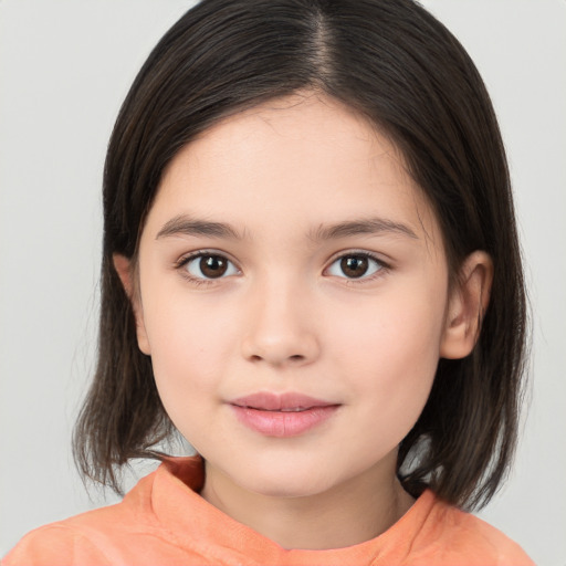 Joyful white child female with medium  brown hair and brown eyes